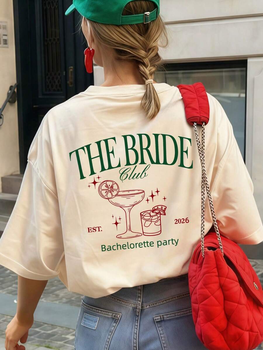 1 chiếc áo thun nữ tay ngắn cổ tròn mùa hè, in chữ "THE BRIDE, EST. 2026", thích hợp cho tiệc độc thân, trang phục cưới, áo mùa hè thường ngày. - Màu be - Xem 1