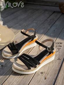 WRCVS Sandal Wedges Tali Anyaman Warna Beige, Sol Tebal dengan Bagian Bawah Tali, Sandal Liburan Modis, Motif Bunga Bohemian Acak, Sepatu Platform, Sepatu Musim Panas - Hitam - View 7