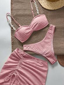 Bikinx Bộ 3 món đồ bơi nữ thời trang đi nghỉ mát, màu trơn, chất liệu vải mềm mại, gợi cảm, có dây rút và váy ngắn, màu hồng nhạt, thích hợp cho mùa hè. - Hồng - Xem 3