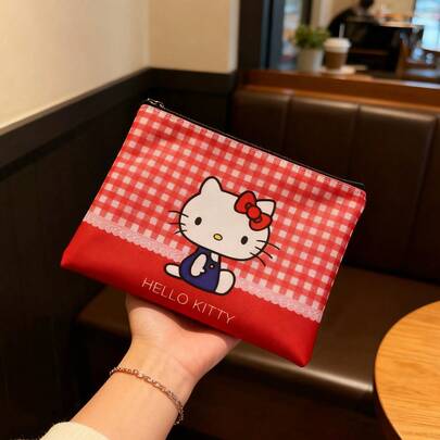 SANRIO 1个时尚Hello Kitty卡通化妆包，可爱卡通大容量洗漱包，旅行收纳包，Hello Kitty小礼品袋，格子化妆包，卡通印花钱包，卡通便携收纳包，女士日常必备化妆包，时尚收纳用品，适合通勤/搭配/生日礼物/节日礼物/复活节礼物，旅行必备
