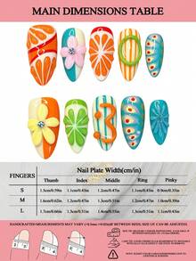 LIVENTO 10pcs Elevate Your Look With Stunning 3D Handmade Acrylic Press On Nails, Colorful Dopamine-Inspired Shades, 3D Carved Floral And Fruit Motifs, And Hand-Painted Detailed Designs-Perfect For Chic And Eye-Catching Nails. - 彩色 - 查看 3