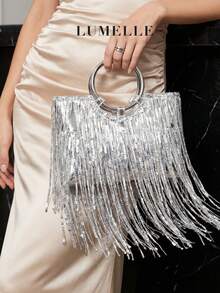 Bolso de mano con flecos plateados estilo Y2K, bolso de mano con flecos de cadena metálica y asa de argolla, embrague de fiesta para mujer - Plateado - Ver 1