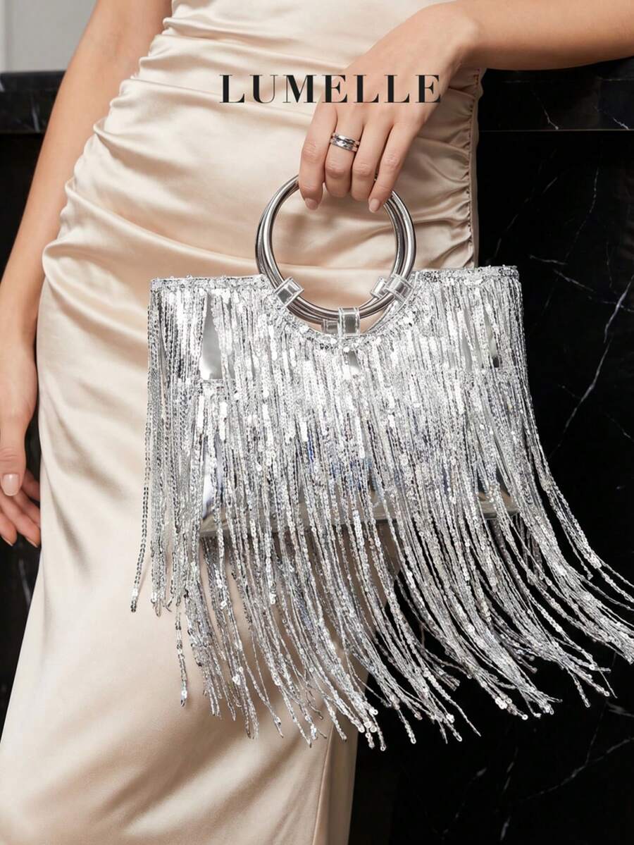 Bolso de mano con flecos plateados estilo Y2K, bolso de mano con flecos de cadena metálica y asa de argolla, embrague de fiesta para mujer - Plateado - Ver 1