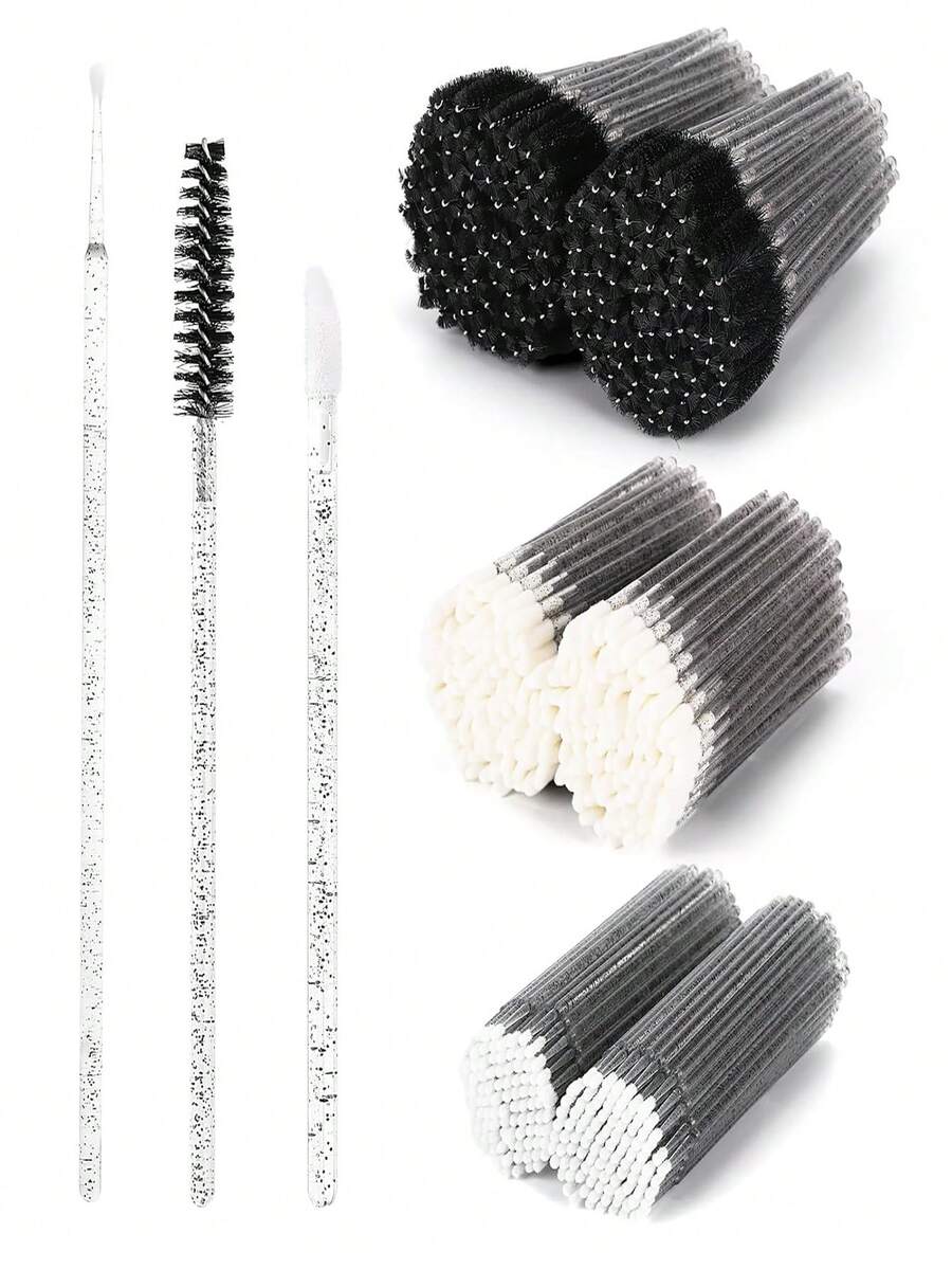 100/300/450 Piezas Bastoncillos de algodón desechables para kit de extensión de pestañas - Incluye cepillo de pestañas, cepillo de labios, cabezal de cepillo de rímel - Juego de varitas de belleza (Negro)