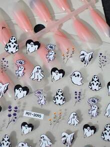 1pc Cartoon Ghost Flower Nail Stickers, Self-Adhesive One-Time 3D Embossed Nail Art Decals, Nail Decorations Suitable For Theme Parties, Cool Pattern, Easy To Apply - Multicolor - View 3