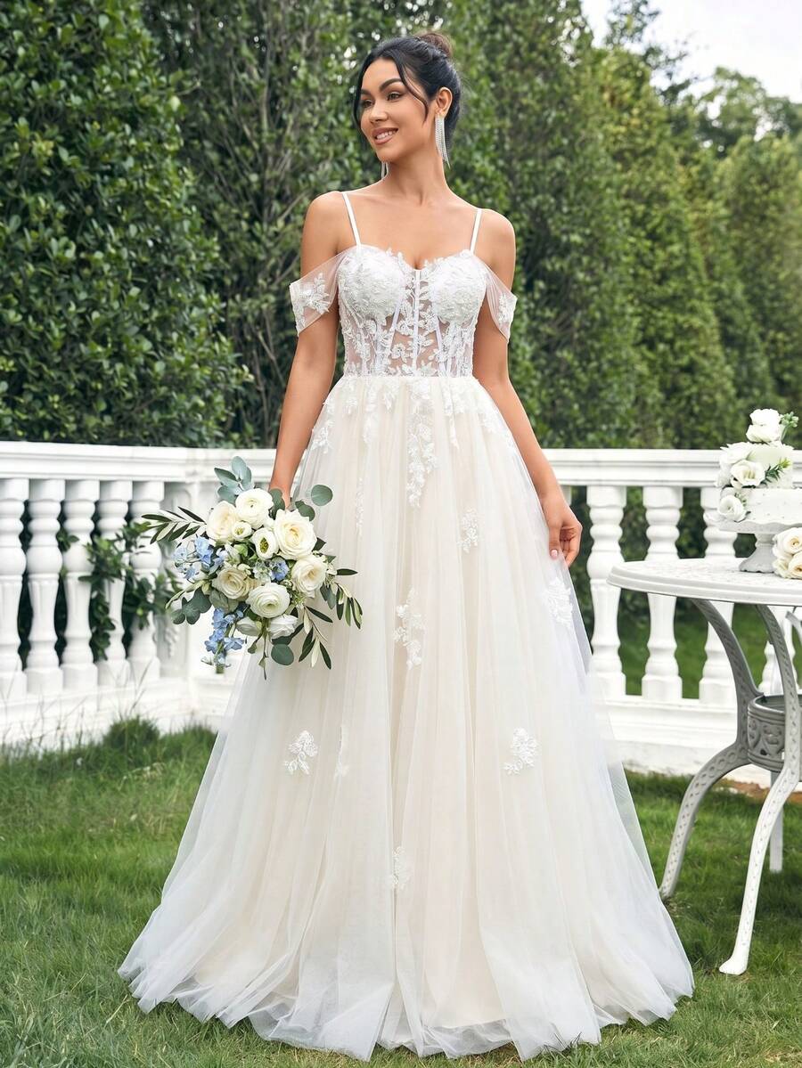 Patchwork Solid Color Applique Zipper Sequin Patchwork Wedding Dress White - White - View 1