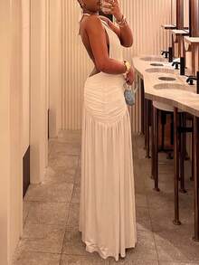 Sexy Halter Tie Strap Deep V Hem High Slit Pleated Patchwork Backless Knit Dress - White - View 3