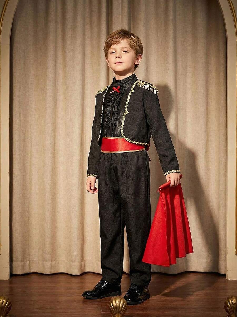 3pcs/Set Boys' Spanish Bullfighter & Flamenco Dancer Costume, Halloween/Carnival Theme Roleplay Outfit, Suitable For School Performance And Back To School Wear (Top+Pants+Belt)