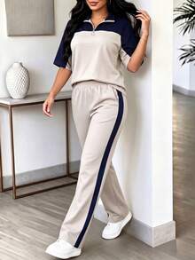 2pcs Women Casual Outfit, Lightweight Sport Set With Wide Leg Pants, Elegant & Slimming, Spring/Summer - Space Gray - View 5