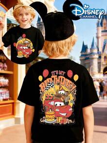 Disney Cars Lightning McQueen It's My Birthday Kids Summer T-Shirt, Perfect For Cool Boys. Teen Boy Gift,Comfortable And Breathable Children's Short-Sleeved T-Shirt. 180g Pure Cotton Children's Clothes,Suitable For Both Boys And Girls.Suitable For Daily Wear, Vacations, Outdoor Activities, And As A Children's Gift. - màu đen - Xem 1