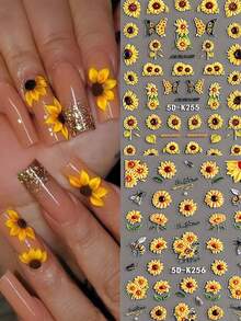 Sunflower, Hardworking Bee, Art Stickers, Self-Adhesive Single-Use, Suitable For Women And Girls Decoration, Applicable For Spring, Summer, Autumn Nail Art Supplies - Multicolor - View 2