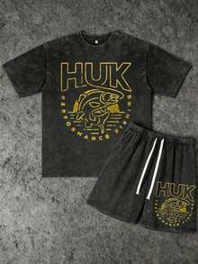 2PCS Set Men's Vintage Huk Bass Performance Fishing Print 100% Cotton Washed Black Short Sleeve T-Shirt And Drawstring Shorts,Suitable For Summer Wear, Outdoor Fishing, Casual Shorts T-Shirt Shorts Set - 黑色 - 查看 1