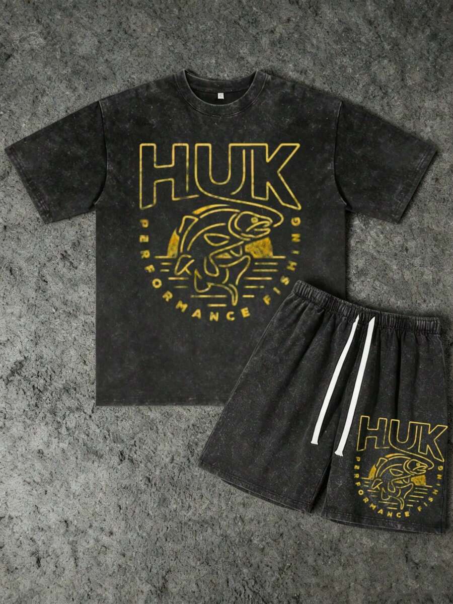 2PCS Set Men's Vintage Huk Bass Performance Fishing Print 100% Cotton Washed Black Short Sleeve T-Shirt And Drawstring Shorts,Suitable For Summer Wear, Outdoor Fishing, Casual Shorts T-Shirt Shorts Set - 黑色 - 查看 1