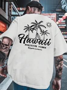 Hawaiian Men's Loose-Fit-Shirt - Light Beige Round Neck Short Sleeve, With Tropical Tree Pattern And Hawaiian Positive Energy Optimism Print On Back - Comfortable-Shirt Summer Casual Basketball, Gym, And Beach Wear, Large Size - 白色 - 查看 4