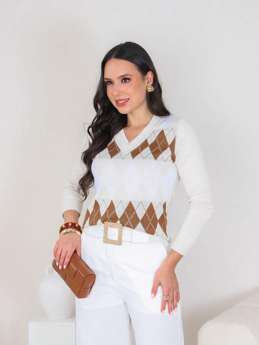 Women's Scottish Plaid Knit Sweater With V-Neck - 米色 - 查看 1