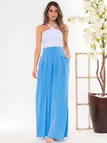 Wide-Leg, Loose-Fitting Palazzo Pants In Viscose/Lycra Knit Fabric With A Wide Waistband And High Waist And Pleats. - Baby Blue - View 8
