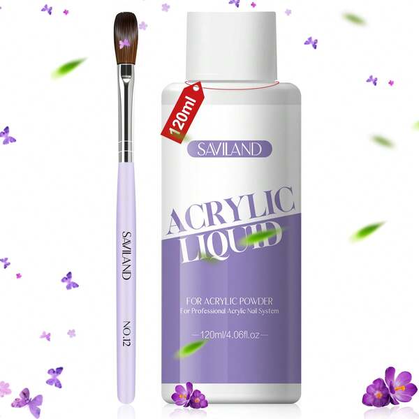 Saviland Acrylic Nail Set 120ml Monomer For Acrylic Nails With Acrylic Brush 12#, Non-Yellowing Formula, Acrylic Liquid For Nail Extensions, Carving, And DIY Projects