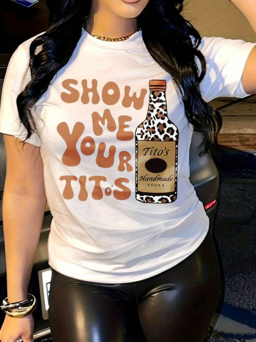 Casual Fun Women's T-Shirt With Show Me Your Tito's And Vodka Bottle Print For Party Season Gift For Friends - Black - View 1