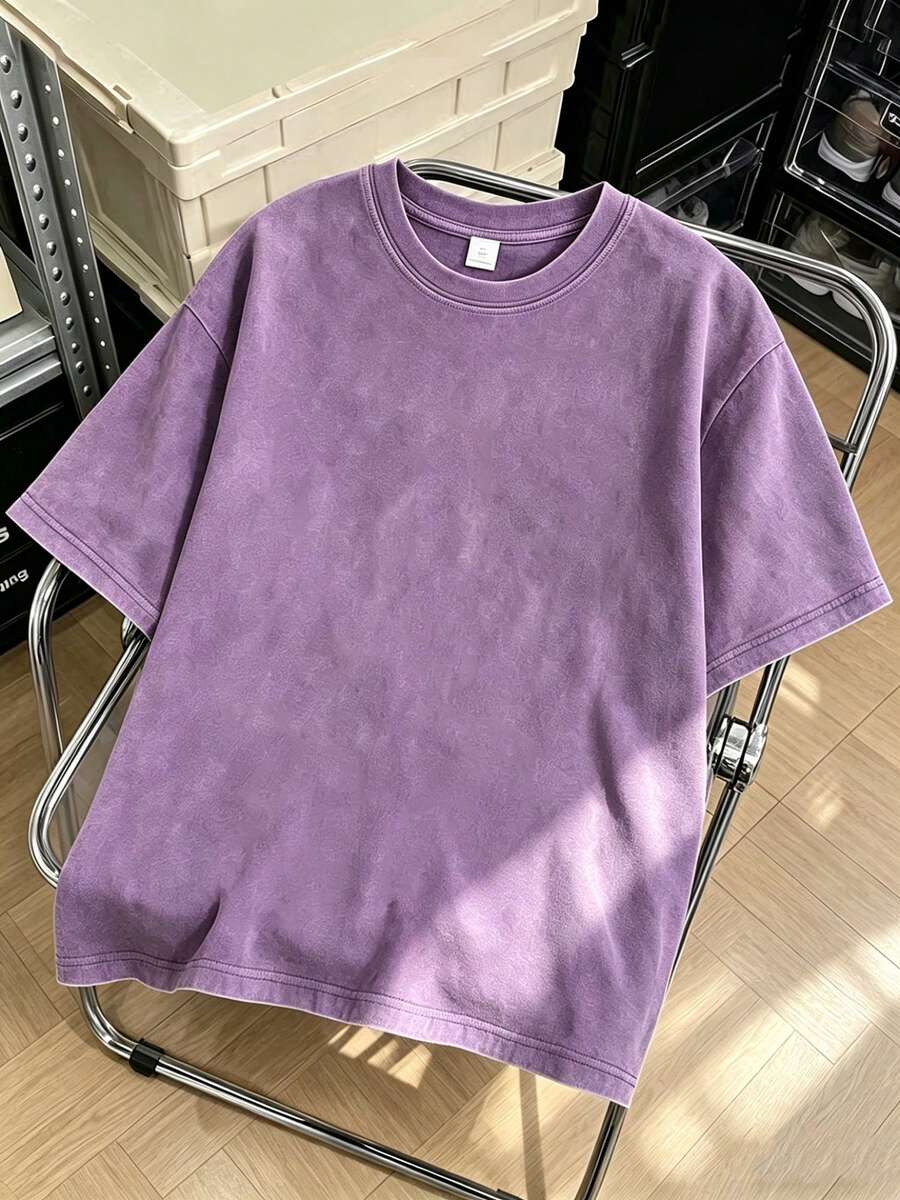 Men Solid T-Shirts | Camisetas Para Hombre Streetwear | Mens Gifts 100 Percent Cotton | Vintage Washed T-Shirt | One Piece | Perfect For Spring, Summer, Autumn, Spring-Autumn Wear | Perfect For Pairing With Jeans, Sweatpants Or Shorts - 紫色 - 查看 1