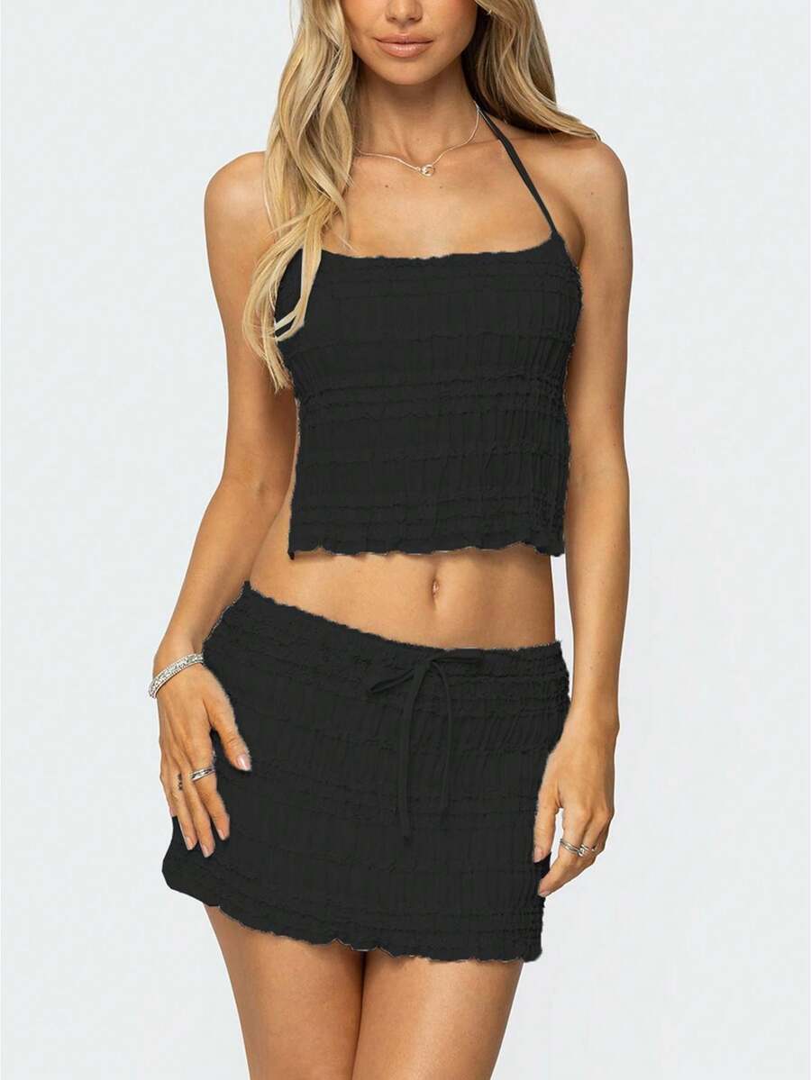 Women's 2 Piece Outfits Smocked Mini Skirt Set Casual Sleeveless Backless Smocked Halter Neck Tie Up Crop Top + Bodycon Short Mini Skirt Set Cocktail Party Beach Dress - F671-黑色 - 查看 1