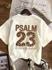 Women's Leopard Print Psalm 23 Short Sleeve T-Shirt, Letter Graphic Tee, Soft, Loose And Comfortable, High-End Street & Vacation Style Casual Loose Short Sleeve Top Summer - Apricot - View 3