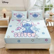 Disney 3Pcs Playful Stitch Fun In The Sun Quote Fitted Sheet And 2 Pillowcases Fresh Light Blue Summer Beach Room Bedding - Fitted Sheet Set - View 3