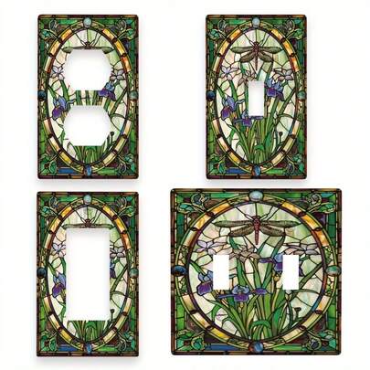 1pc New Art Style Colorful Glass Dragonfly Design Decorative Wall Plate - Elegant Floral Frame Light Switch Cover, No Wiring Required, Easy Installation For Bedroom, Kitchen, Indoor And Outdoor Spaces