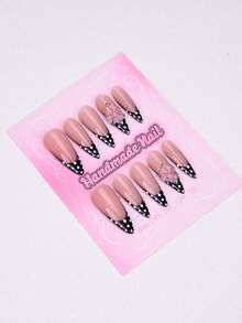 10Pcs Handmade Press On Nails, Long Almond Fake Nails With Black Polka Dot French Tip, Nude Base & 3D Flower Accent, Full Cover Glossy False Nails For Women, Y2K & Party Nail Art Supplies - Multicolor - View 2