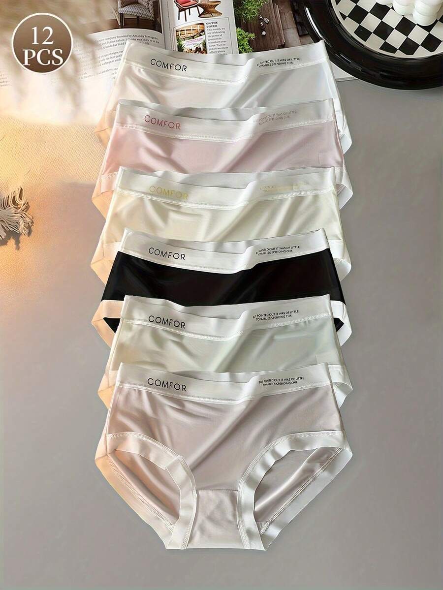 12-Pack Women's Stylish Letter-Print "Ice Silk" Seamless Panties - Mid-Rise, Elegant, And Comfortable. Simple, Lightweight, And Breathable Underwear - The Perfect Summer Gift. - Nhiều màu - Xem 1