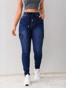 Skinny Cargo Jeans With Drawstring And Multiple Pockets, Elastic Butt-Lifting Effect - Blue - View 2