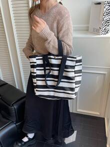 Commuter Canvas Tote Bag, Women's Large Capacity Shoulder Bag, New Striped One-Shoulder Mommy Tote - Black and White - View 6