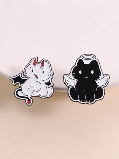 2pcs Creative Cute Angel Devil Cat Enamel Pins, Funny Devil White Cat & Angel Black Cat, Fashionable Backpack Accessories, Unisex Gift Idea