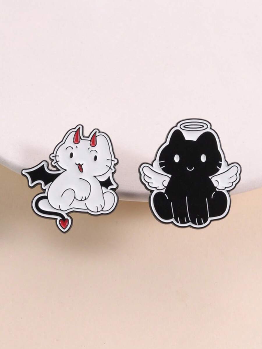 2pcs Creative Cute Angel Devil Cat Enamel Pins, Funny Devil White Cat & Angel Black Cat, Fashionable Backpack Accessories, Unisex Gift Idea