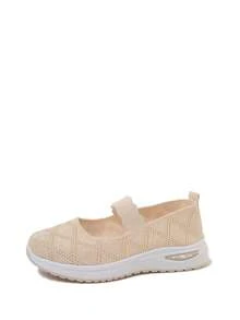 Women's Spring/Summer Versatile Soft Sole Low Vamp Slip-On Shoes, Wavy Elastic Strap Mesh Upper, Thick Sole Casual Shoes, Breathable Non-Stuffy Slip-On Shoes - Beige - View 4