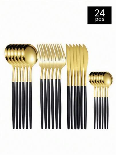 24 pièces Set de couverts Couteaux Fourchettes Cuillères à café Set de couverts pour 6 personnes, Set de vaisselle en acier inoxydable portugais, Set de couverts occidentaux, Set de couverts réutilisables, Set de vaisselle noir et or, Comprenant couteau de table, fourchette, cuillère et cuillère à café, Fournitures de cuisine, Poli miroir, Idéal pour la maison, la cuisine, le restaurant, l'hôtel, le mariage, la fête, les vacances, la rentrée scolaire, les cadeaux de Pâques