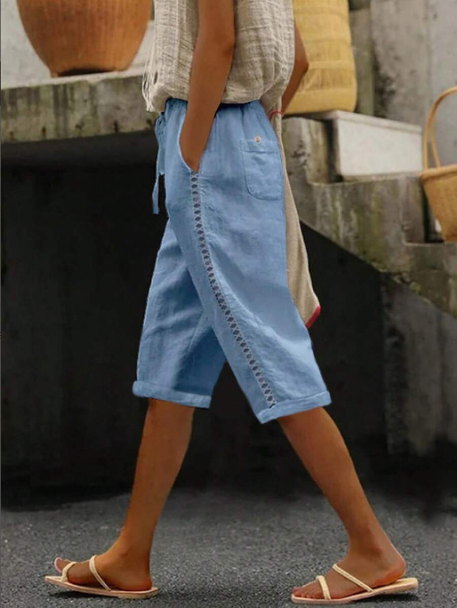 Casual Summer Shorts In Woven Cotton-Linen With Openwork Side Lace - Light Blue - View 1