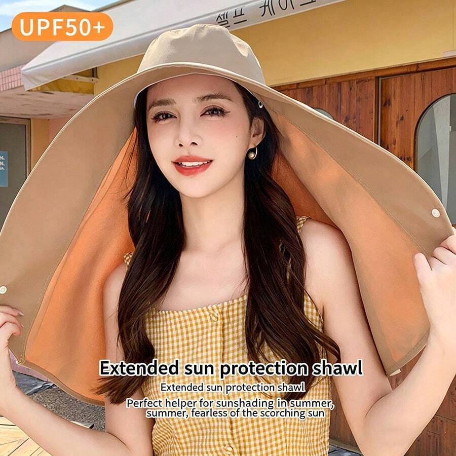 1 chiếc mũ rộng vành che kín mặt chống nắng, mũ tai bèo chống tia UV cho nữ, có lỗ buộc tóc đuôi ngựa. - Nhiều màu - Xem 1