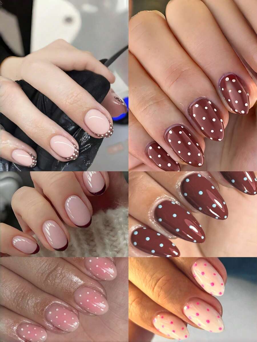144 móng giả hình bầu dục hạnh nhân màu hồng nâu chấm bi dễ thương, dễ đeo. - Nhiều màu - Xem 1