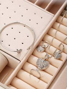 Bộ trang sức nữ cao cấp 6 món - Đồng hồ hợp kim tối giản + Vòng tay, nhẫn, bông tai, dây chuyền hình trái tim đính pha lê, quà tặng cho ngày Valentine/sinh nhật. - Một cỡ - Xem 5