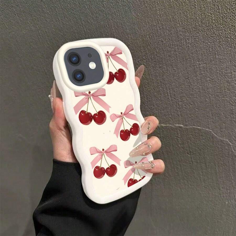 Étui de téléphone à bord ondulé Macaron avec nœud, motif cerise, design minimaliste résistant à la saleté, convient pour Galaxy S22/23, /Honor X/HW/ C53 C55, iPhone17, antichoc et prise en main confortable, étui de téléphone X7B 4G, idéal pour un usage quotidien - Noir - Voir 1
