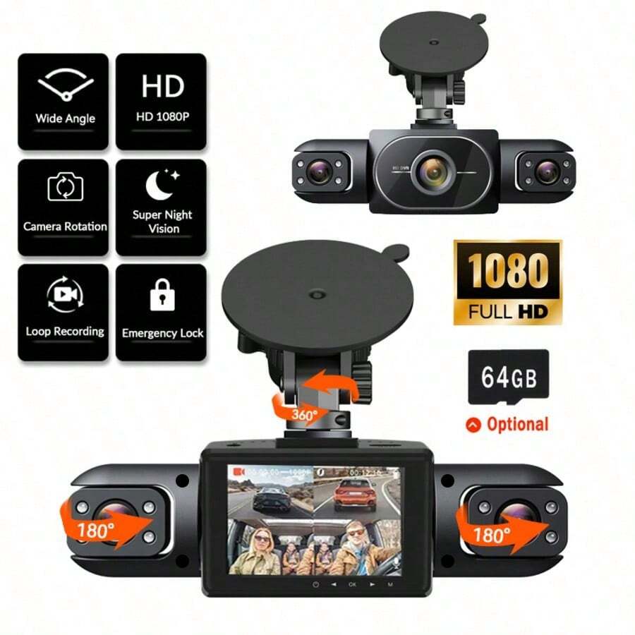 三通道 1080P 行车记录仪,配备前置、左侧和右侧摄像头 - 可选配 64GB SD 卡,广角镜头,红外夜视功能,内置车载充电器,适用于卡车、SUV、出租车 - 多通道录制,黑匣子,行车记录仪,150mAh 电池 - 3 Camera - 查看 1