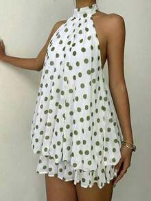 Vestido mini elegante de mujer con cuello halter y lazo en color amarillo claro - Verde - Ver 3