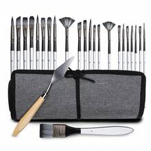 24pcs Grey Universal Paintbrush Set, Acrylic Oil Painting Brushes With Flat, Round, Fan, Angular, Filbert, Angled Brushes, Includes Palette Knife And Canvas Bag, Suitable For Watercolor, Gouache, Acrylic, Face Painting, Craft Models, No Paint Included, Professional Multi-Purpose Artist Brush Set, Ideal For Holiday Gifts - Grey - View 2
