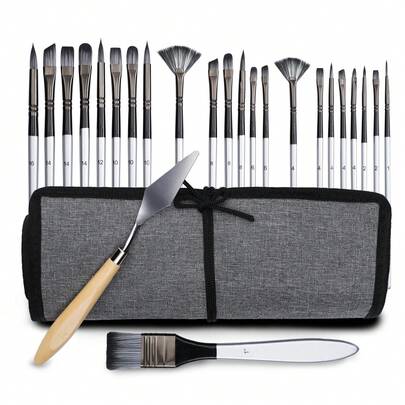Bộ cọ vẽ đa năng màu xám 24 món, cọ vẽ tranh sơn dầu acrylic với các loại đầu cọ dẹt, tròn, quạt, góc cạnh, hình bầu dục, cọ vát cạnh, kèm dao trộn màu và túi đựng bằng vải bố, thích hợp cho vẽ màu nước, màu bột, acrylic, vẽ mặt, làm mô hình thủ công, không bao gồm sơn, bộ cọ vẽ chuyên nghiệp đa năng, lý tưởng làm quà tặng ngày lễ.