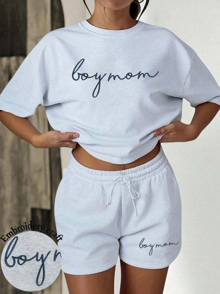 HESSEN Women's Casual Minimalist Solid Color Loose Fitting Daily Versatile 3D English Letter Embroidery Pattern Loose Short Sleeve T-Shirt And Shorts 2 Piece Set, Suitable For Gym, Running - Blue - View 1