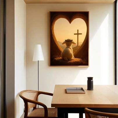 1pc Vintage Religious Lamb Crown Embroidered Canvas Wall Art, Heart-Shaped Cave Cross Sunset Sacred Christian Decorative Painting Poster, Warm Sacred Wall Decor, Modern Home Decoration, Canvas Painting