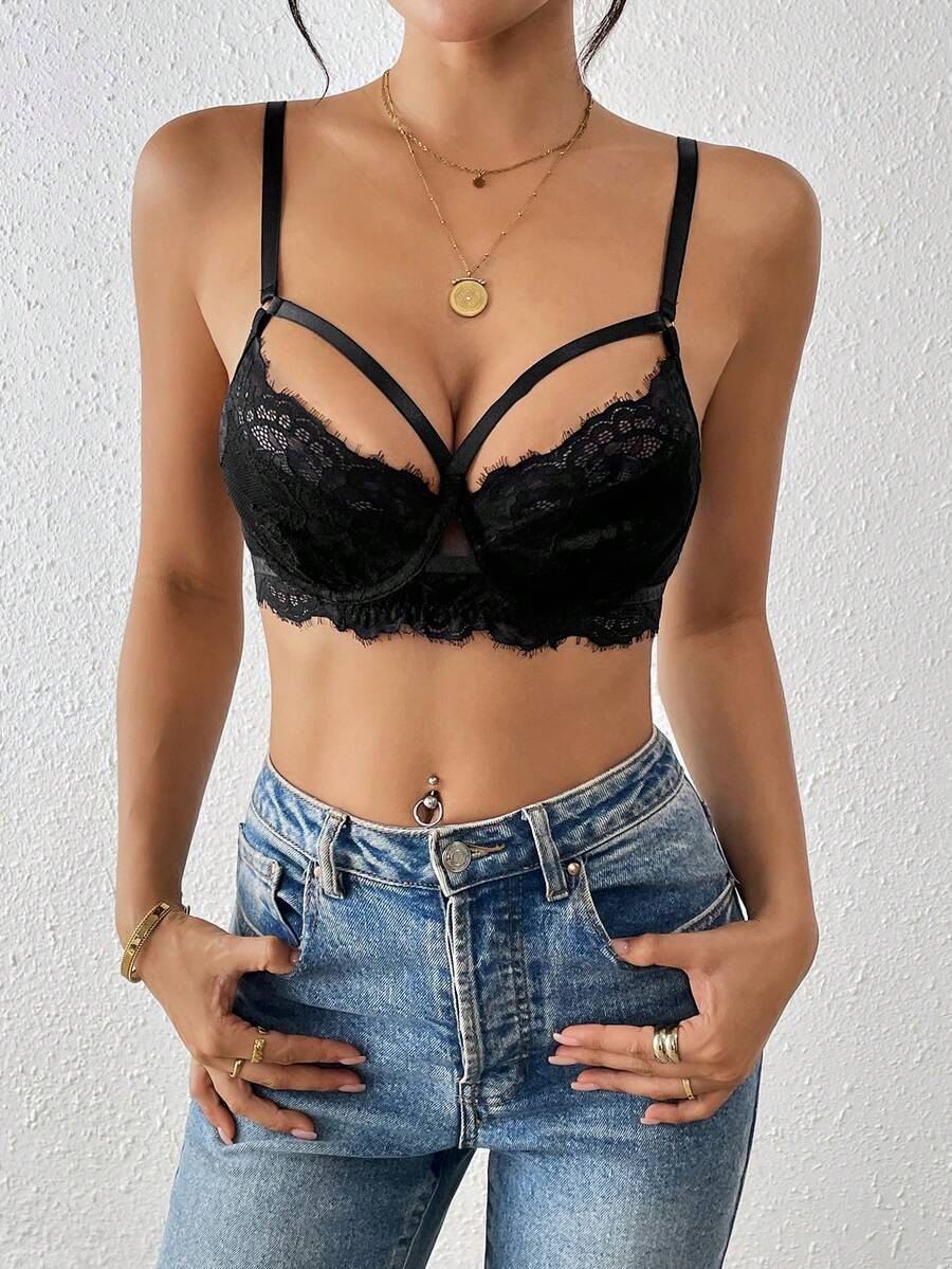 Sujetador con aros de encaje negro estilo Y2K sexy - Negro - Ver 1