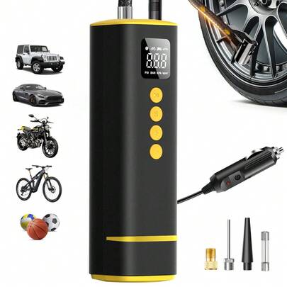 Carsun Portable Tire Inflator, 150PSI Hand-Held Air Compressor Pump For Car, Bicycle, With 3 Nozzles, 9.8ft Power Cord, 12V DC, Digital Pressure Gauge, Emergency LED Light, Balloon Inflator, Yellow Automotive Accessory, Motorcycle Parts, Car Supplies