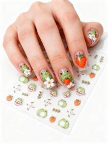 1片可爱卡通美甲贴纸，绿色青蛙和树叶美甲贴花，甜美草莓美甲贴片，亮面，不对称形状，适合女性DIY或美甲沙龙使用 - 彩色 - 查看 1