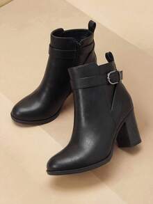 Women's Chunky High Heel Ankle Boots With Round Toe – Stylish Short Booties - BLACK-PU - View 4